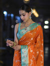 Banarasee Handloom Semi Silk Saree With Zari Woven Design & Contrast Border-Orange