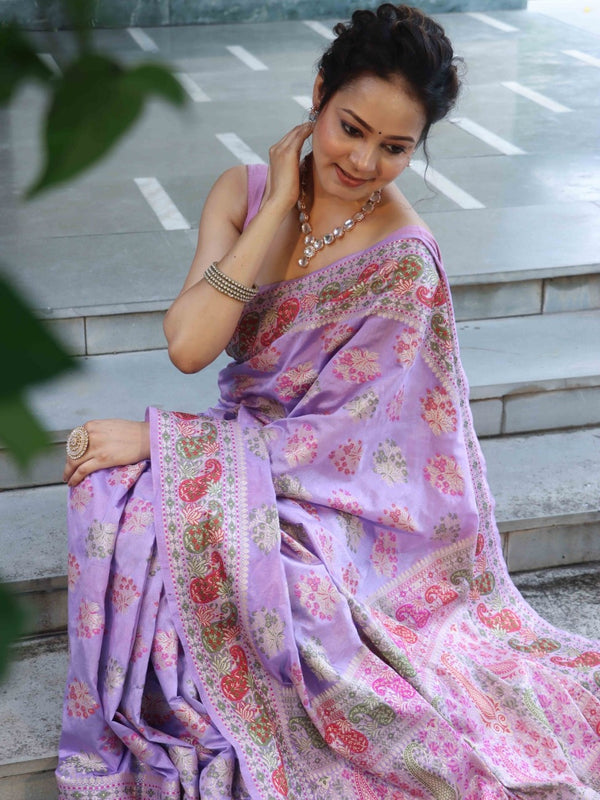 Banarasee Semi Georgette Saree With Resham Buta Design & Border-Pastel Purple