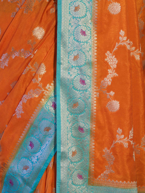 Banarasee Handloom Semi Silk Saree With Zari Woven Design & Contrast Border-Orange