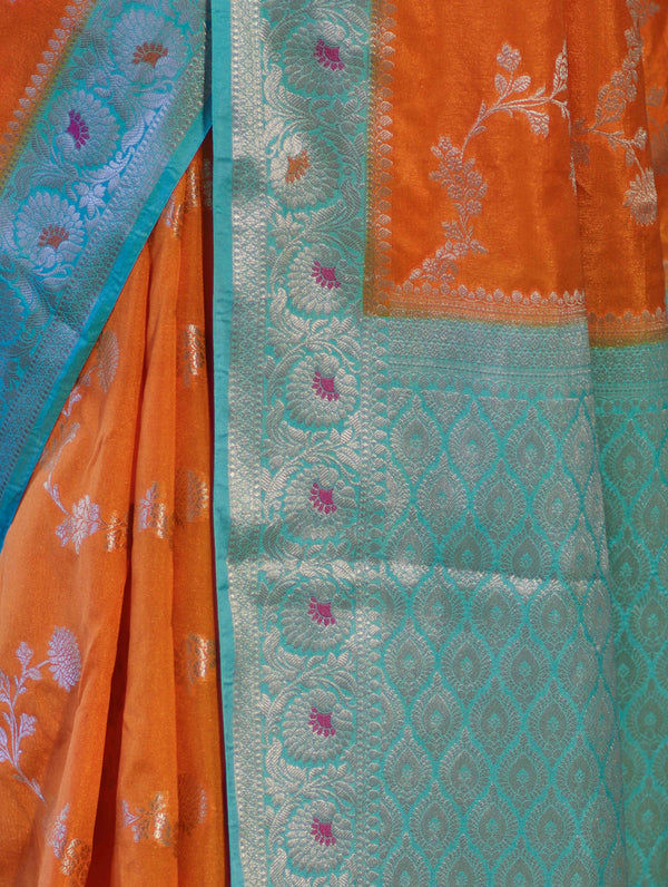Banarasee Handloom Semi Silk Saree With Zari Woven Design & Contrast Border-Orange