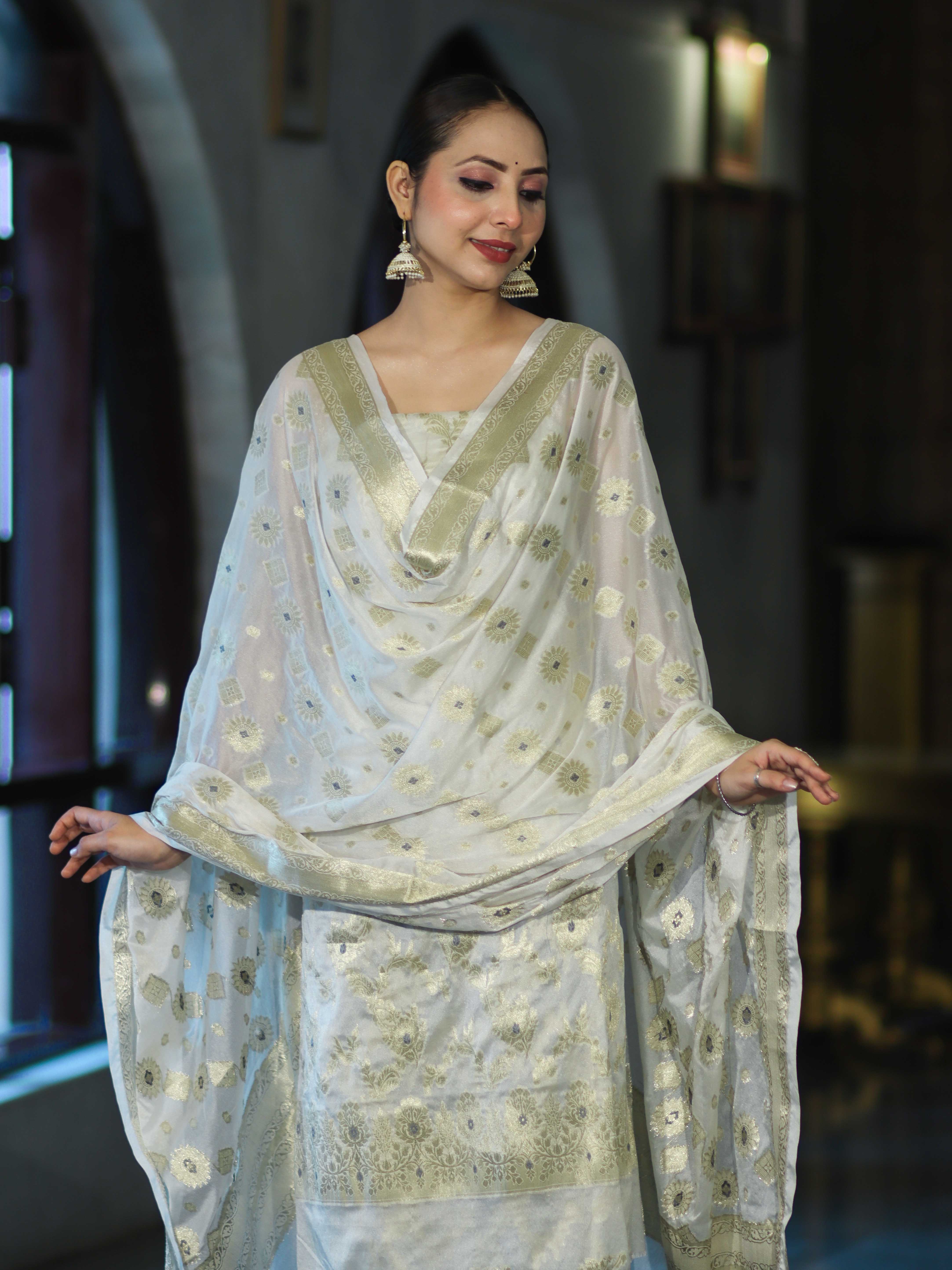 Banarasee Zari Work Chiffon Salwar Kameez Fabric With Dupatta Set-White