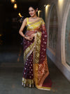 Banarasee Organza Mix Saree With Zari & Resham Work & Contrast Border-Burgundy & Yellow