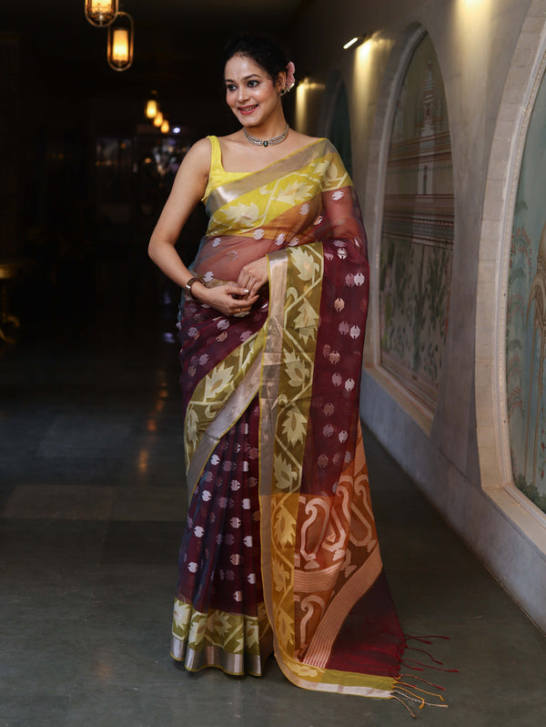 Banarasee Organza Mix Saree With Zari & Resham Work & Contrast Border-Burgundy & Yellow