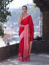 Banarasee Handloom Dupion Silk Saree With Zari Buti Design & Contrast Border-Red & Light Pink
