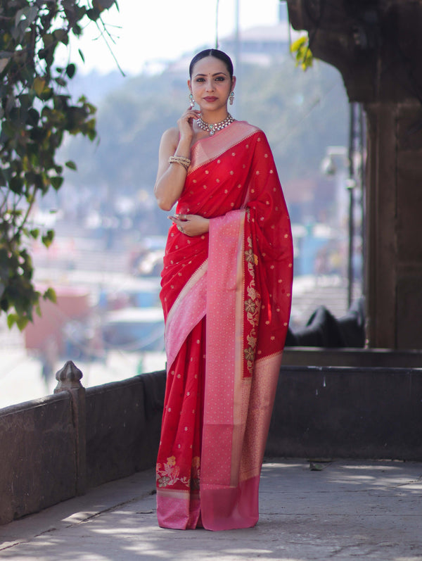 Banarasee Handloom Dupion Silk Saree With Zari Buti Design & Contrast Border-Red & Light Pink