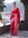 Banarasee Handloom Dupion Silk Saree With Zari Buti Design & Contrast Border-Red & Light Pink