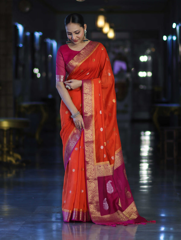 Banarasee Semi Chiffon Saree With Zari Buti Design & Contrast Border-Coral Red & Magenta