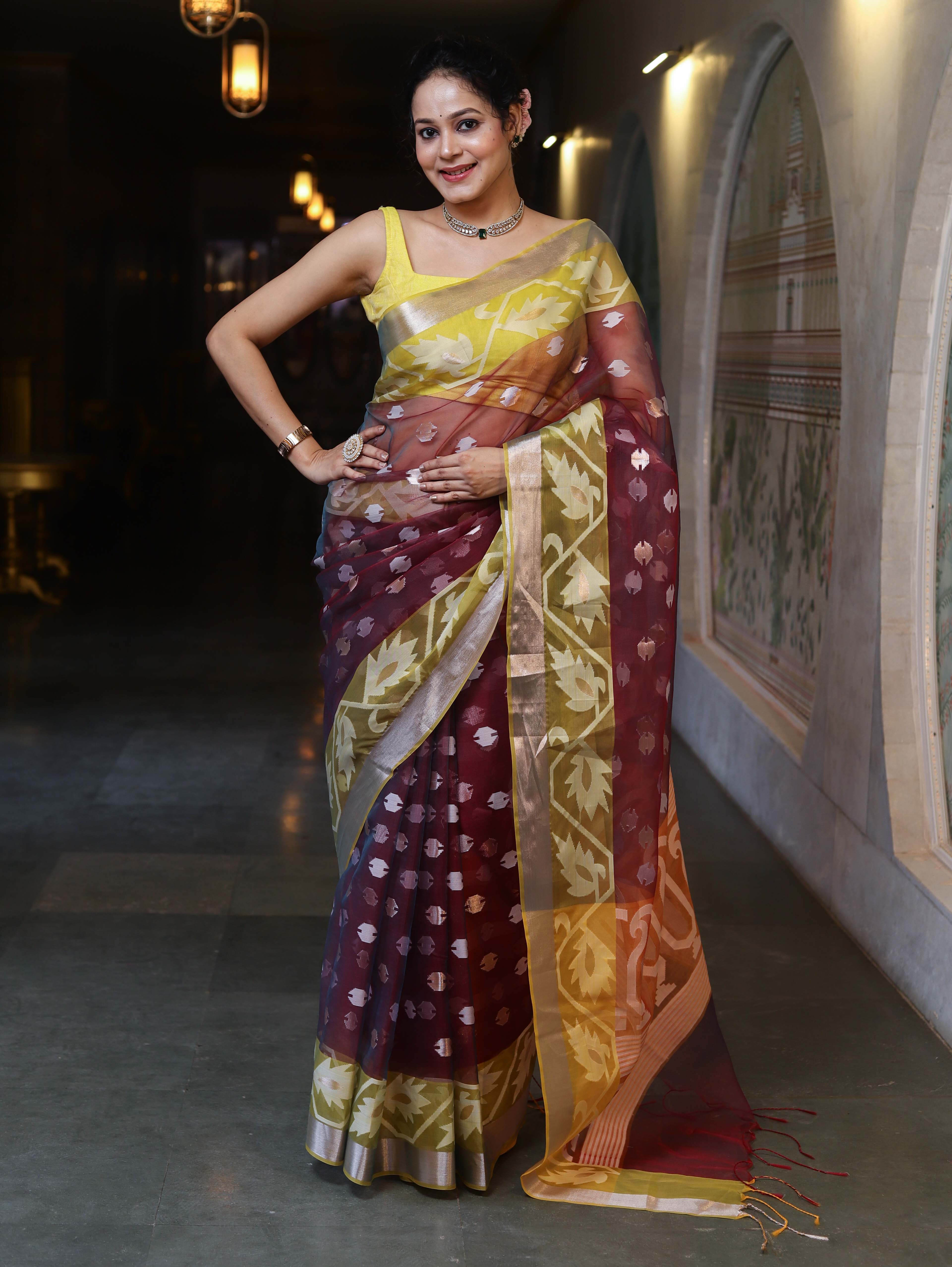 Banarasee Organza Mix Saree With Zari & Resham Work & Contrast Border-Burgundy & Yellow