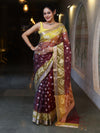 Banarasee Organza Mix Saree With Zari & Resham Work & Contrast Border-Burgundy & Yellow