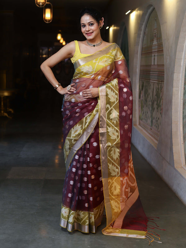 Banarasee Organza Mix Saree With Zari & Resham Work & Contrast Border-Burgundy & Yellow