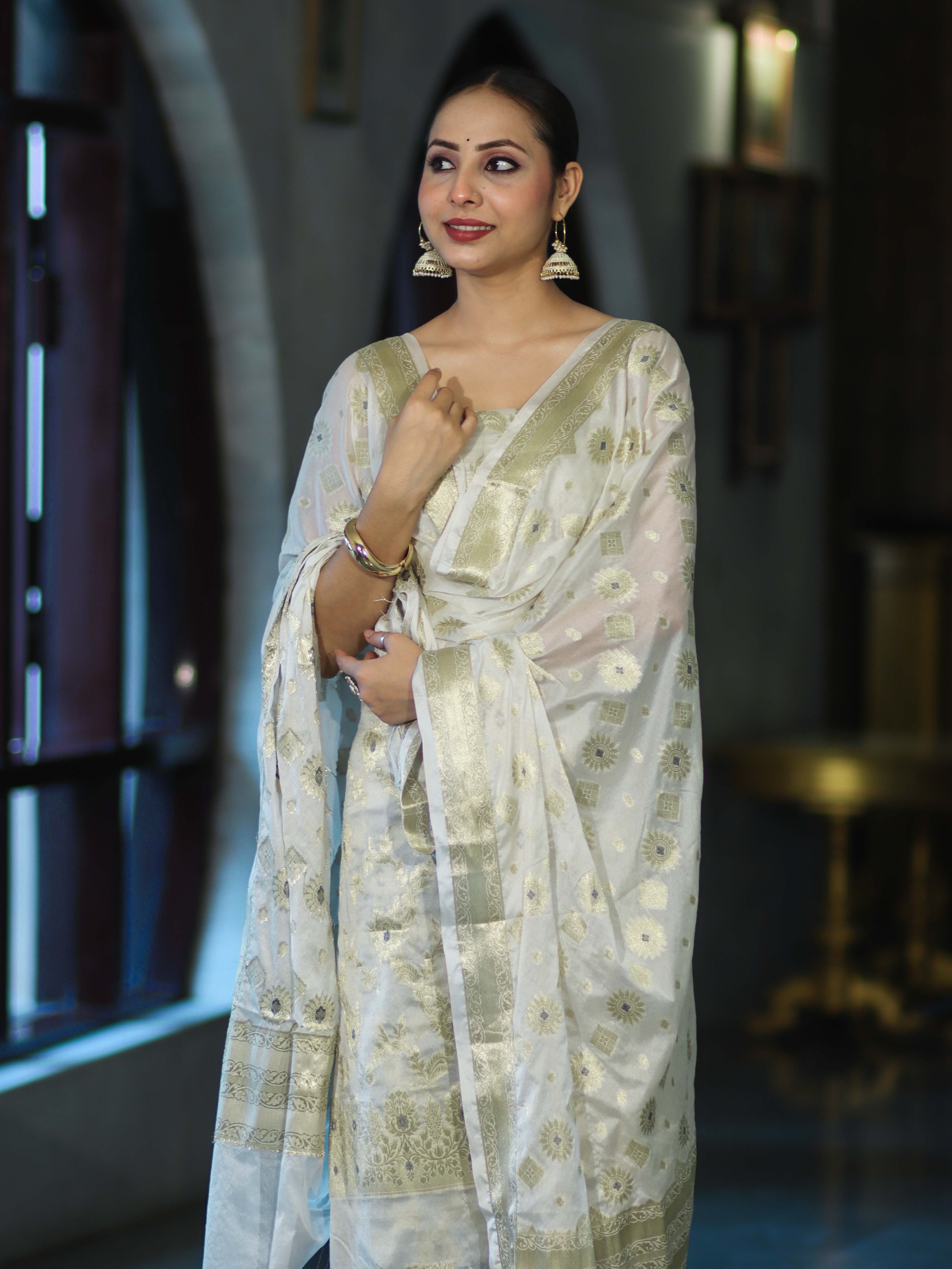Banarasee Zari Work Chiffon Salwar Kameez Fabric With Dupatta Set-White