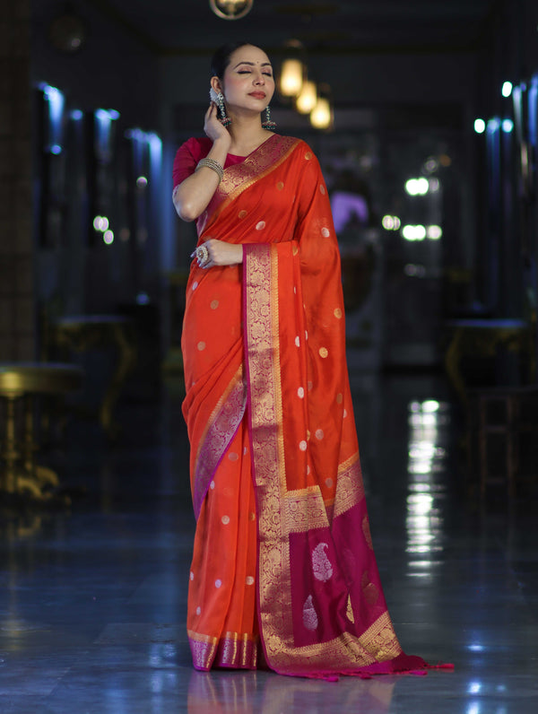 Banarasee Semi Chiffon Saree With Zari Buti Design & Contrast Border-Coral Red & Magenta