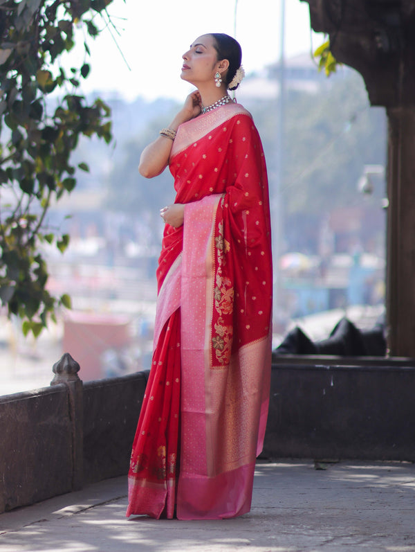 Banarasee Handloom Dupion Silk Saree With Zari Buti Design & Contrast Border-Red & Light Pink
