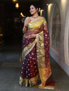 Banarasee Organza Mix Saree With Zari & Resham Work & Contrast Border-Burgundy & Yellow