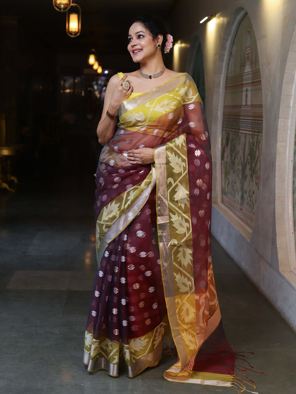 Banarasee Organza Mix Saree With Zari & Resham Work & Contrast Border-Burgundy & Yellow
