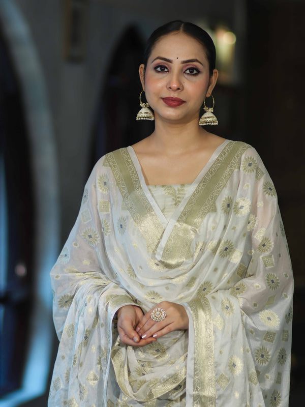 Banarasee Zari Work Chiffon Salwar Kameez Fabric With Dupatta Set-White