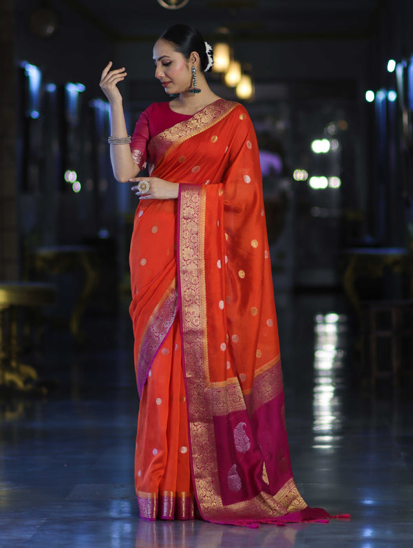Banarasee Semi Chiffon Saree With Zari Buti Design & Contrast Border-Coral Red & Magenta