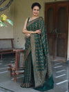 Banarasee Semi-Chiffon Antique Zari Saree With Floral Border-Deep Green