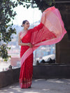 Banarasee Handloom Dupion Silk Saree With Zari Buti Design & Contrast Border-Red & Light Pink