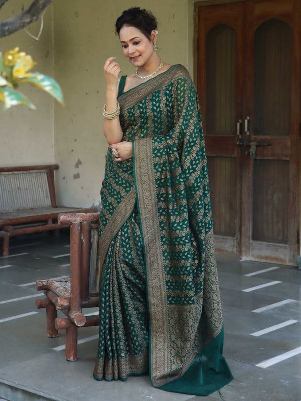 Banarasee Semi-Chiffon Antique Zari Saree With Floral Border-Deep Green