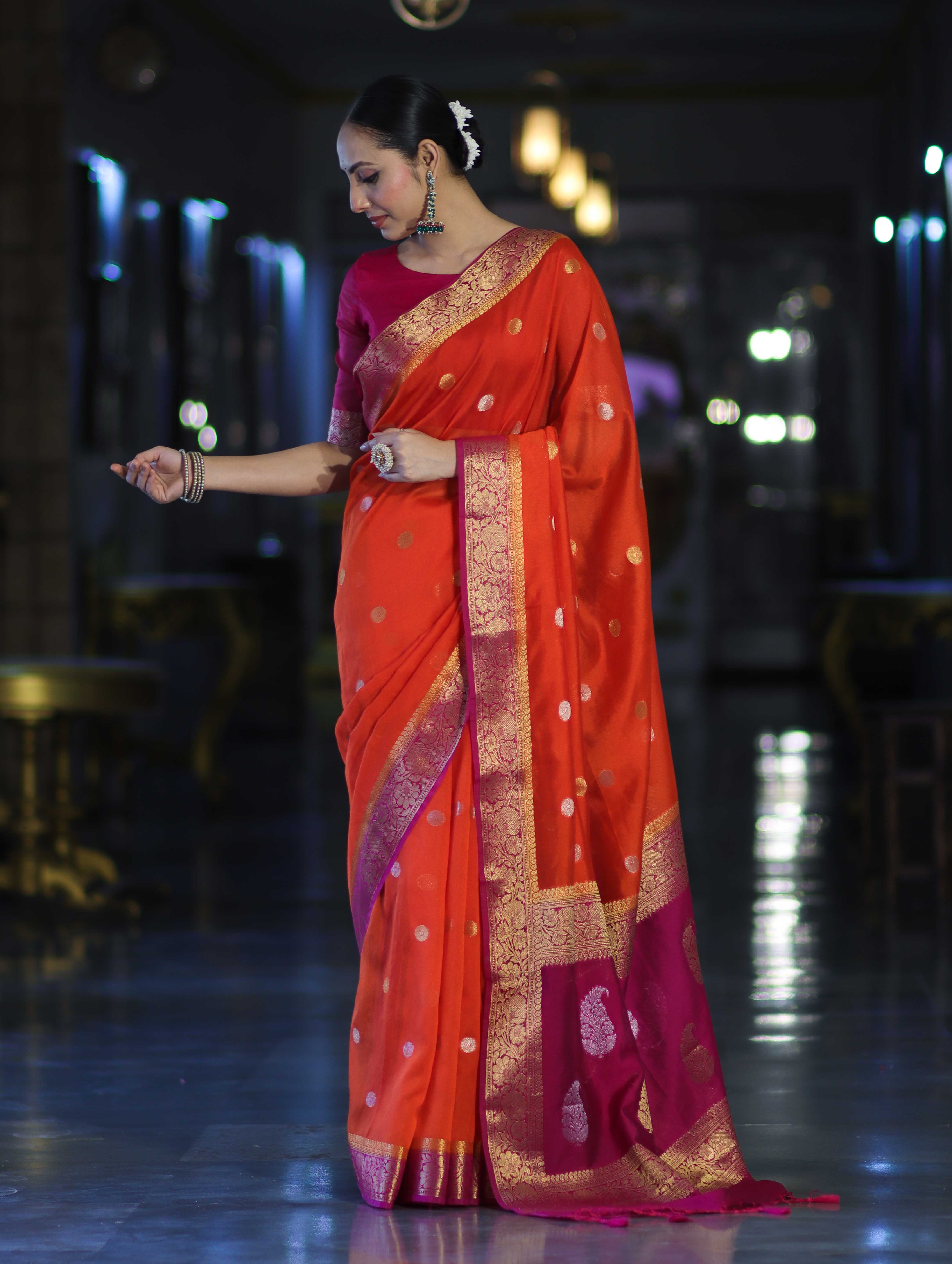 Banarasee Semi Chiffon Saree With Zari Buti Design & Contrast Border-Coral Red & Magenta