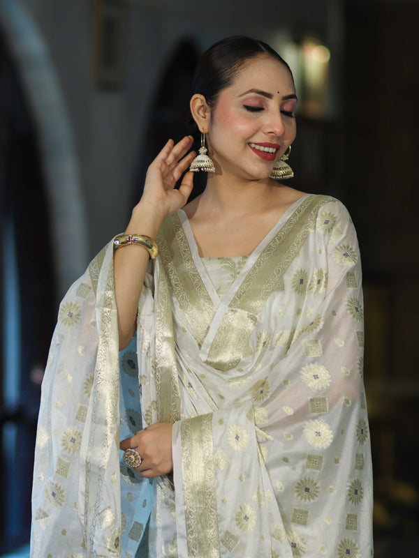 Banarasee Zari Work Chiffon Salwar Kameez Fabric With Dupatta Set-White