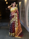 Banarasee Organza Mix Saree With Zari & Resham Work & Contrast Border-Burgundy & Yellow