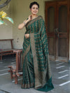 Banarasee Semi-Chiffon Antique Zari Saree With Floral Border-Deep Green