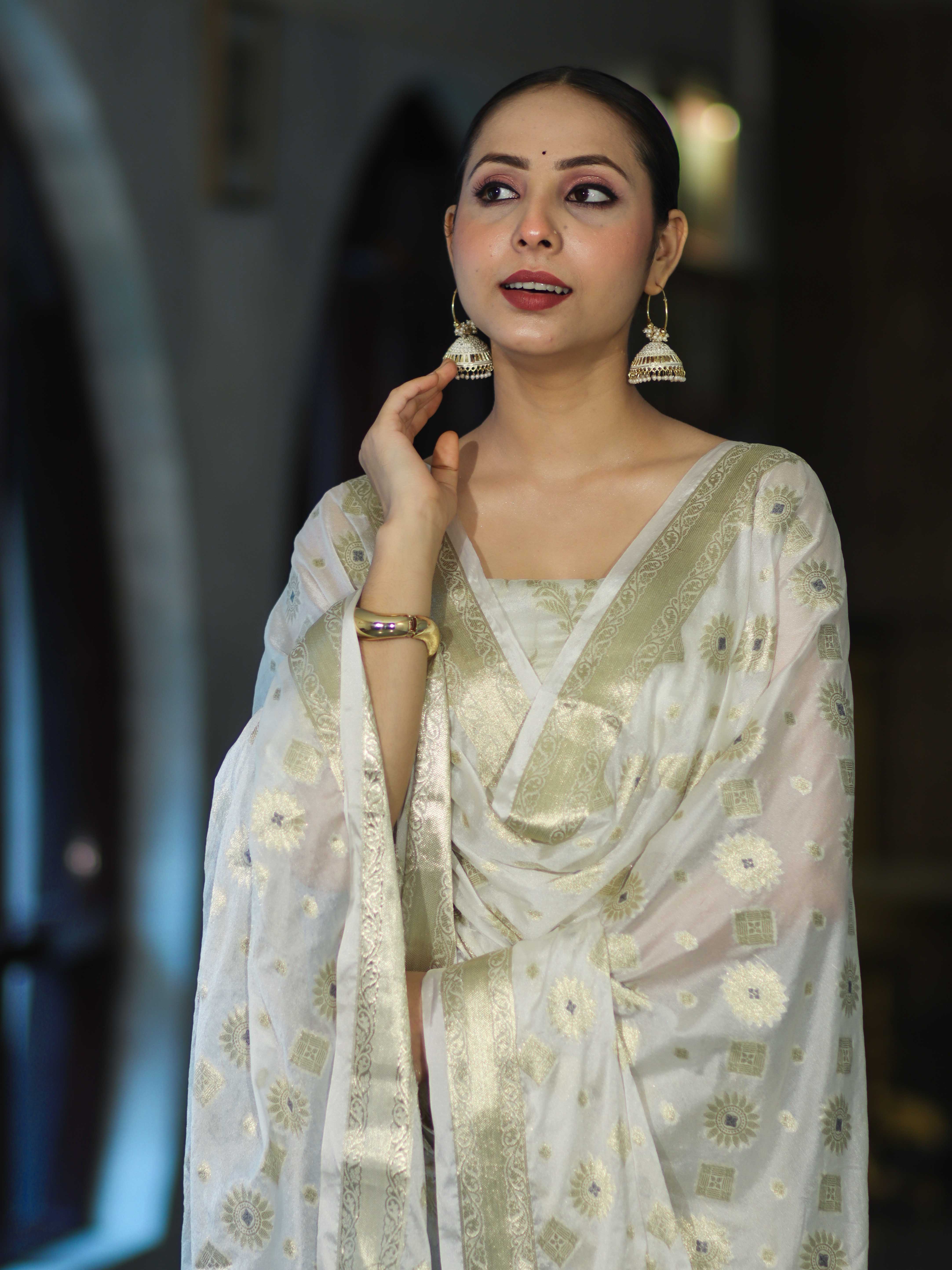 Banarasee Zari Work Chiffon Salwar Kameez Fabric With Dupatta Set-White
