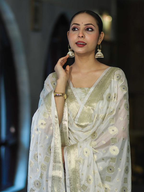 Banarasee Zari Work Chiffon Salwar Kameez Fabric With Dupatta Set-White