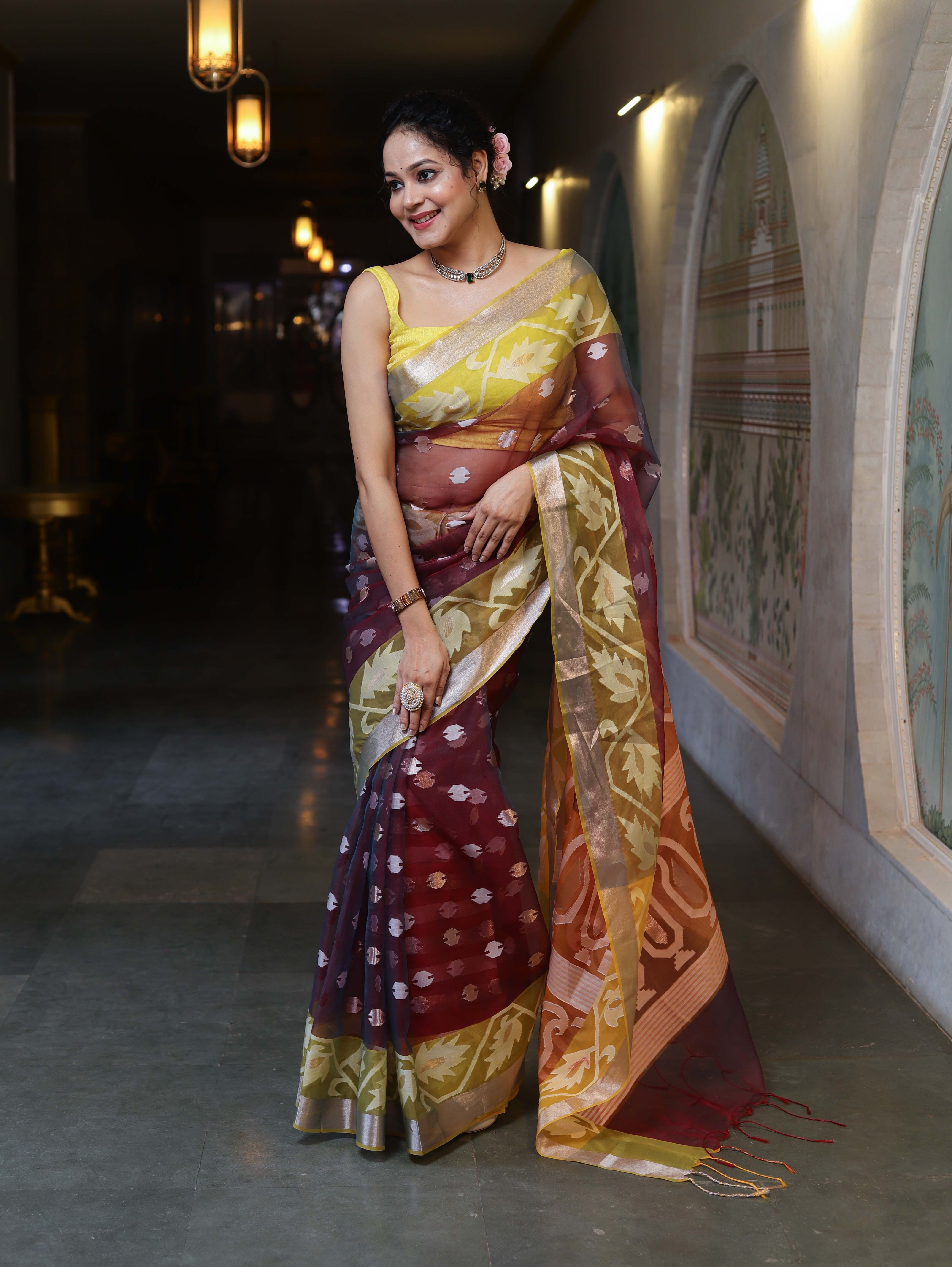Banarasee Organza Mix Saree With Zari & Resham Work & Contrast Border-Burgundy & Yellow