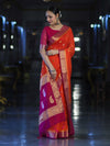 Banarasee Semi Chiffon Saree With Zari Buti Design & Contrast Border-Coral Red & Magenta