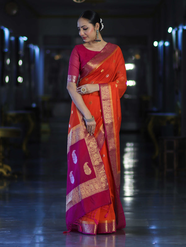 Banarasee Semi Chiffon Saree With Zari Buti Design & Contrast Border-Coral Red & Magenta