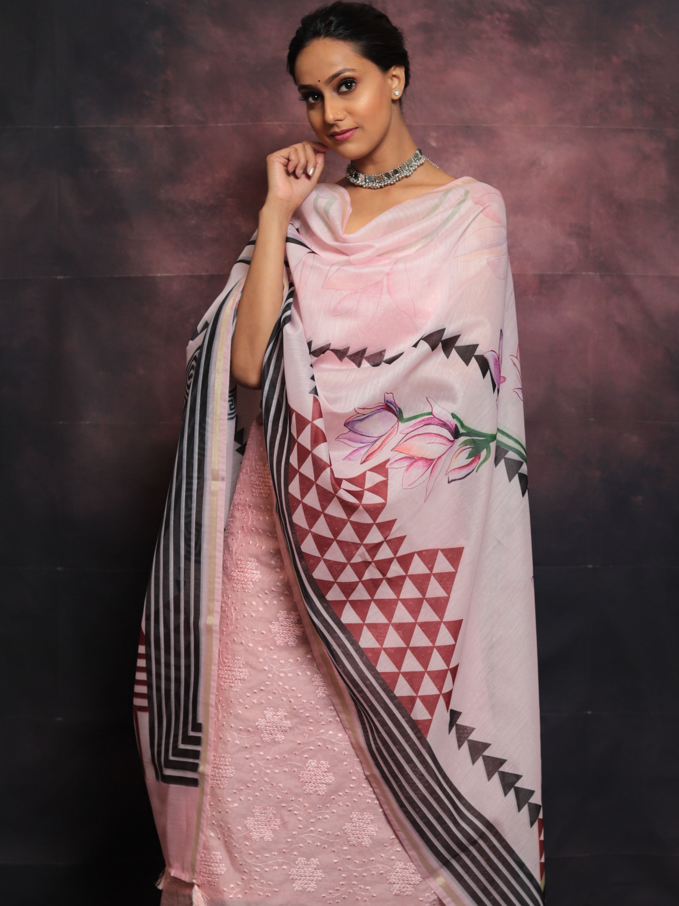 Banarasee Embroidered Chanderi Salwar Kameez With Digital Print Dupatta-Pink