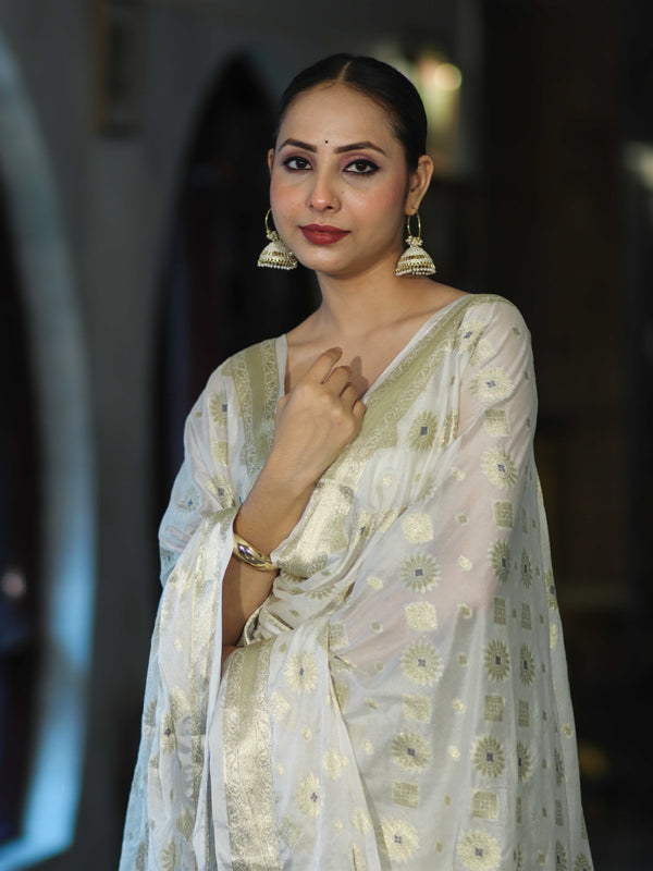 Banarasee Zari Work Chiffon Salwar Kameez Fabric With Dupatta Set-White