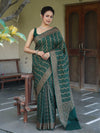 Banarasee Semi-Chiffon Antique Zari Saree With Floral Border-Deep Green