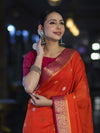Banarasee Semi Chiffon Saree With Zari Buti Design & Contrast Border-Coral Red & Magenta