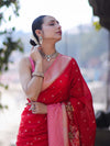 Banarasee Handloom Dupion Silk Saree With Zari Buti Design & Contrast Border-Red & Light Pink