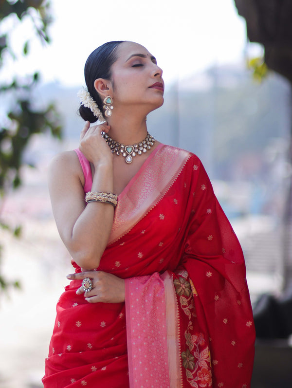 Banarasee Handloom Dupion Silk Saree With Zari Buti Design & Contrast Border-Red & Light Pink