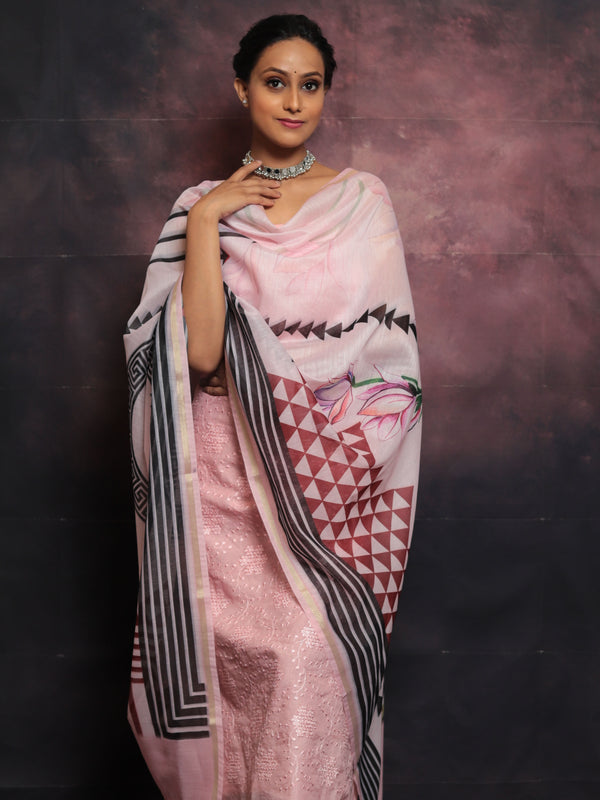 Banarasee Embroidered Chanderi Salwar Kameez With Digital Print Dupatta-Pink