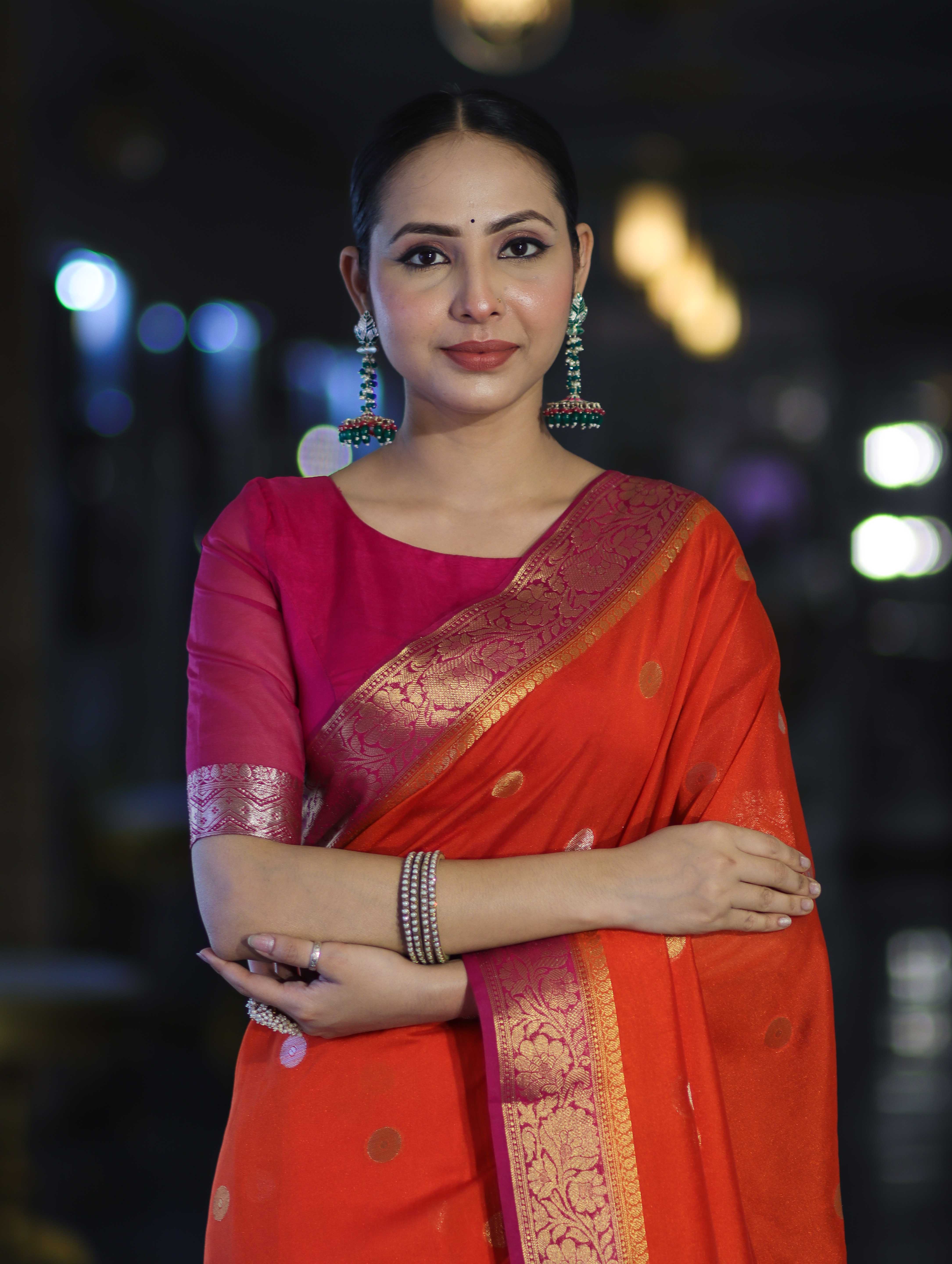Banarasee Semi Chiffon Saree With Zari Buti Design & Contrast Border-Coral Red & Magenta