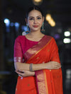 Banarasee Semi Chiffon Saree With Zari Buti Design & Contrast Border-Coral Red & Magenta
