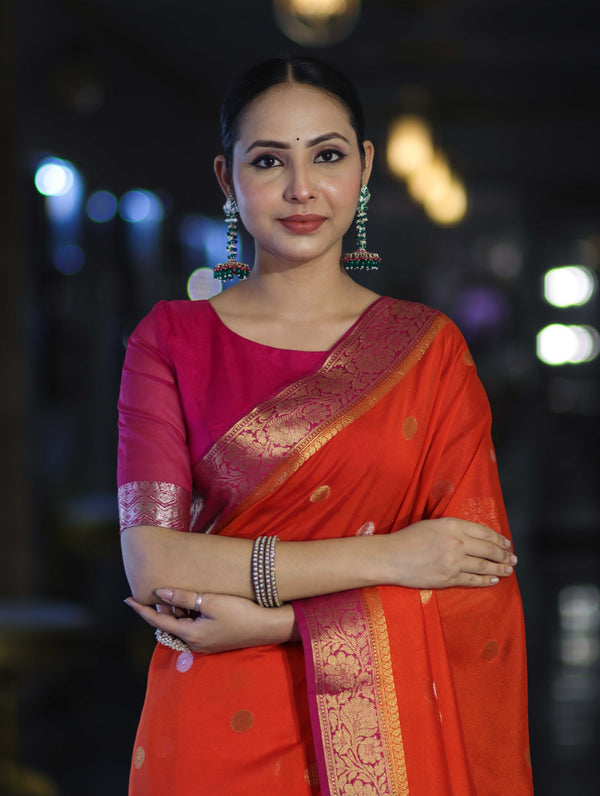Banarasee Semi Chiffon Saree With Zari Buti Design & Contrast Border-Coral Red & Magenta