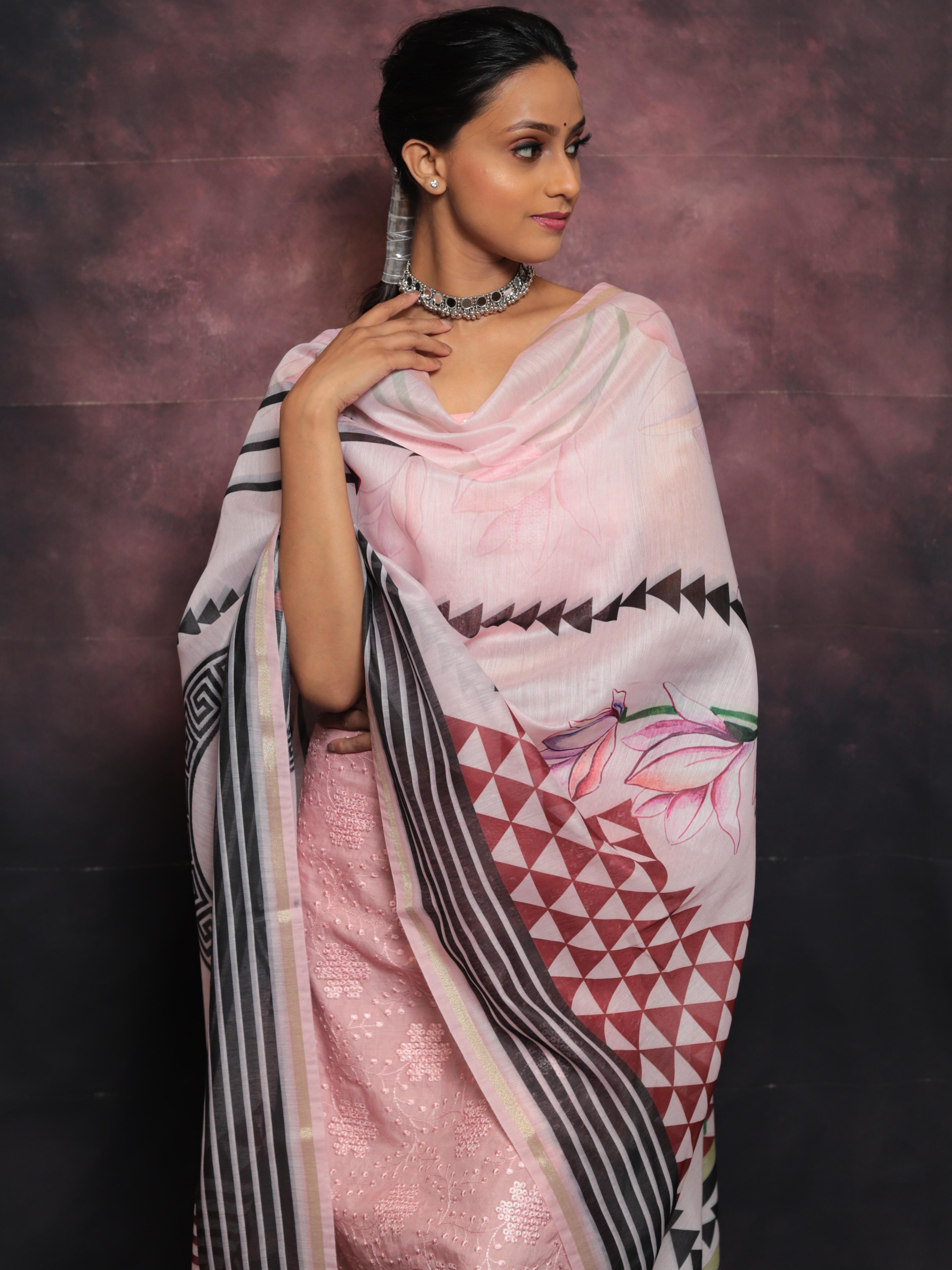 Banarasee Embroidered Chanderi Salwar Kameez With Digital Print Dupatta-Pink