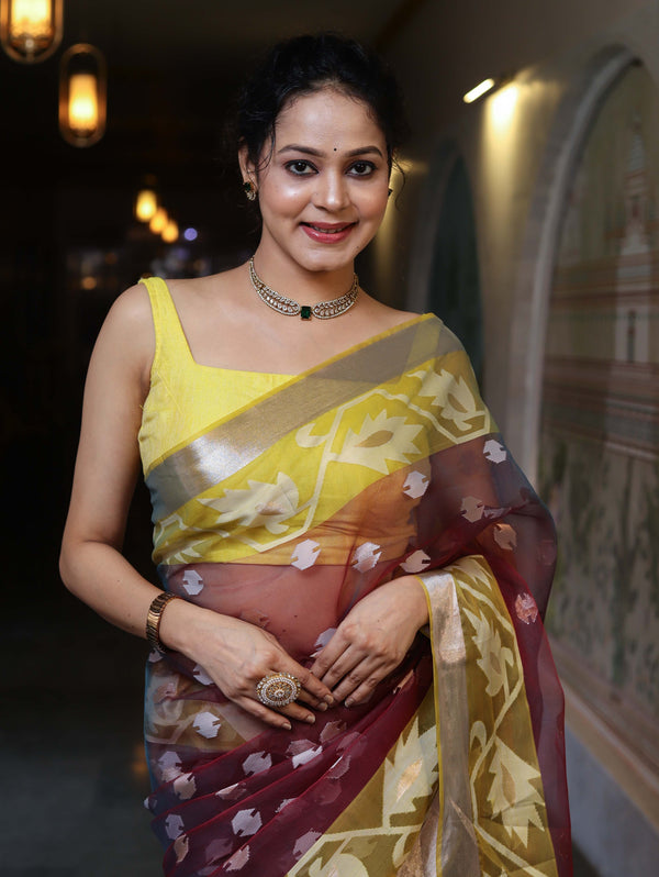 Banarasee Organza Mix Saree With Zari & Resham Work & Contrast Border-Burgundy & Yellow