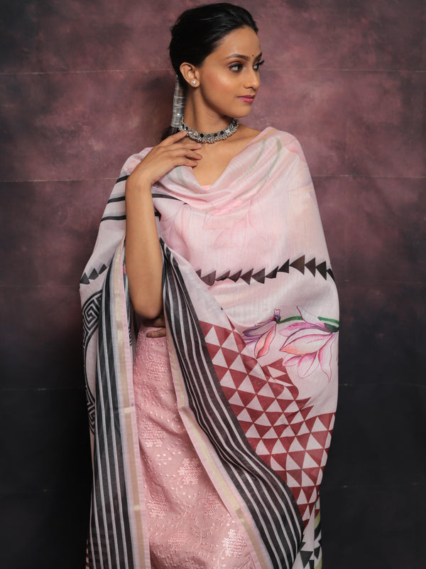 Banarasee Embroidered Chanderi Salwar Kameez With Digital Print Dupatta-Pink