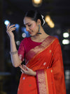 Banarasee Semi Chiffon Saree With Zari Buti Design & Contrast Border-Coral Red & Magenta