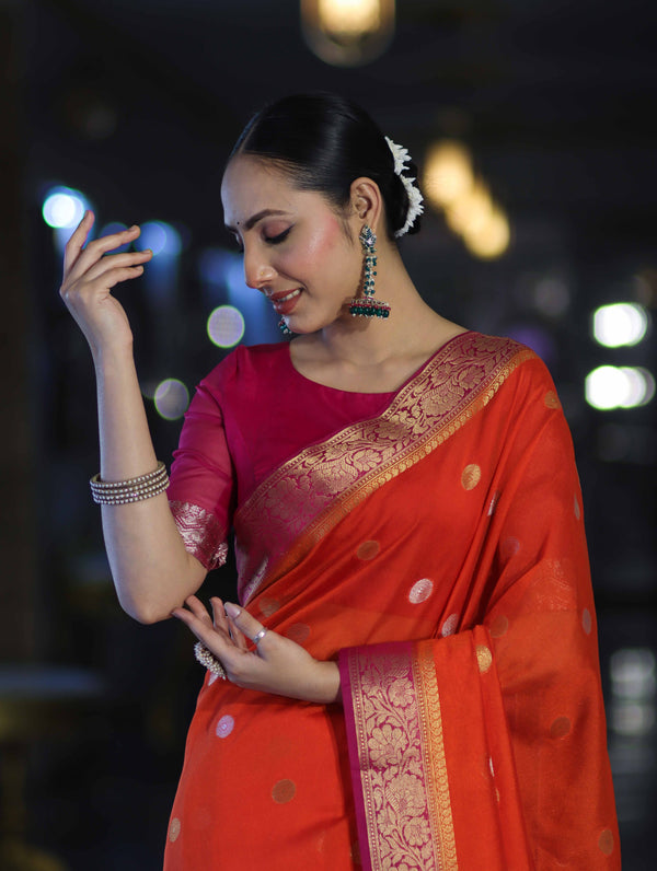 Banarasee Semi Chiffon Saree With Zari Buti Design & Contrast Border-Coral Red & Magenta