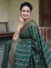 Banarasee Semi-Chiffon Antique Zari Saree With Floral Border-Deep Green