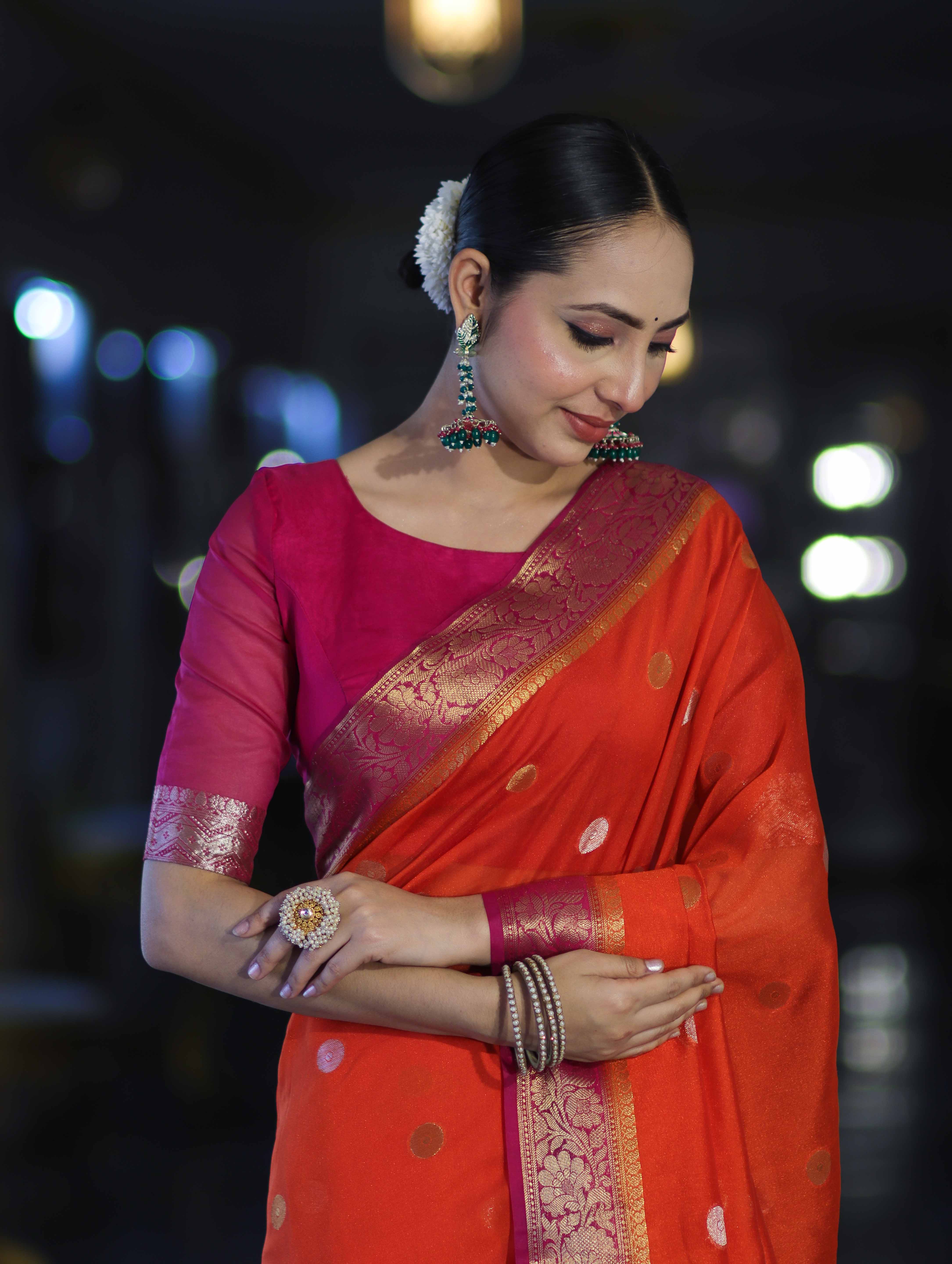 Banarasee Semi Chiffon Saree With Zari Buti Design & Contrast Border-Coral Red & Magenta